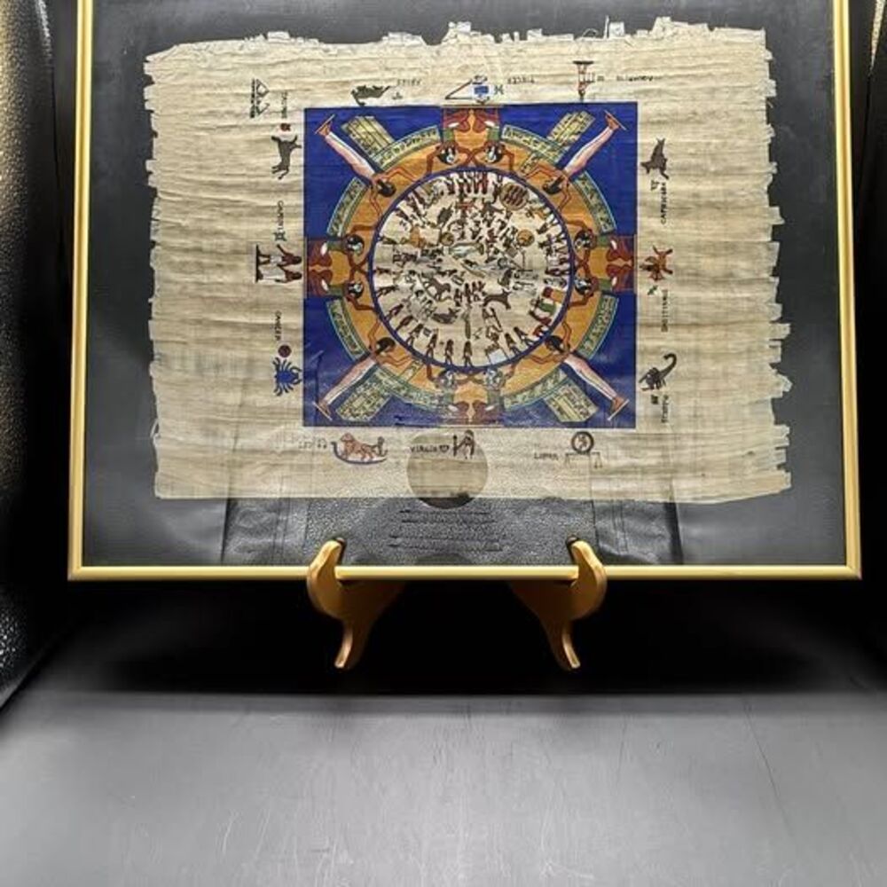 Egyptian Papyrus Dendera Zodiac Framed Astrology Calendar Wall Art Egypt 16.5”Wx